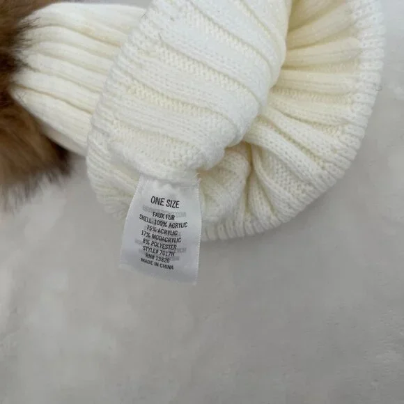 Cream and brown Pom Pom beanie  #beanie #winter #cold #ski #vacation  Cream Brow - Picture 3 of 3